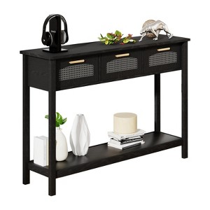 Glasflength Decorative Storage Cabinets, Mid Century End Table with Drawer, Living Room Rattan Storage Table, Kitchen Cabinet, Black 47.2"*11.8"*32.1" - 1 of 4
