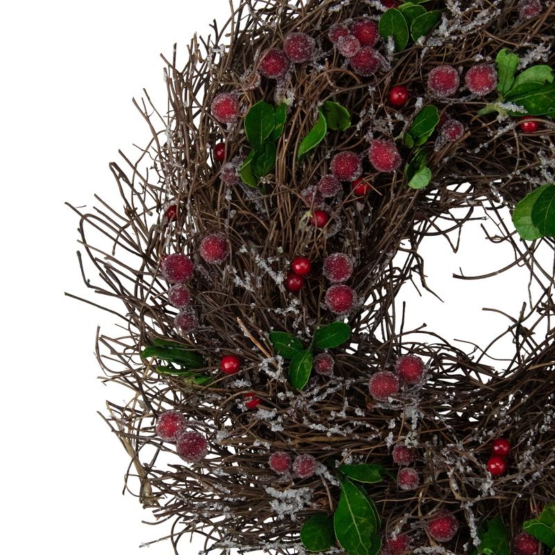 Northlight 13" Unlit Frosted Brown Twig Artificial with Leaves and Berries Christmas Wreath, 3 of 5