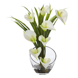 Nearly Natural 15.5-in Calla Lily and Grass Artificial Arrangement in Vase, Cream - 1 of 2