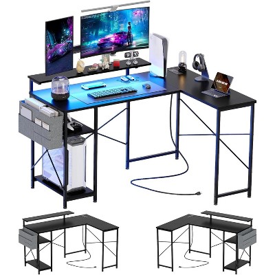 L Shaped Gaming Computer Desk,54 Inch Home Office Desk with Power Outlet & LED Strip,Reversible Modern Simple Study Table,Corner Desk