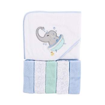 Luvable Friends Baby Boy Hooded Towel with Five Washcloths, Elephant Bath, One Size