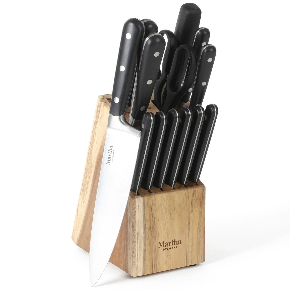 Martha Stewart Eastwalk 14pc Stainless Steel Cutlery Set Acacia Wood Block Matta Black