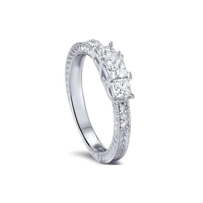 Pompeii3 1/3ct Vintage Three Stone Princess Cut Diamond Engagement Ring 14K White Gold, 3 of 5