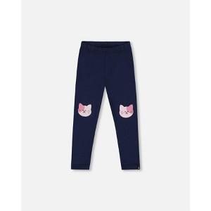 Deux par Deux Girl Organic Cotton Jersey Leggings Dark Blue with Cats - 1 of 4