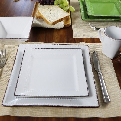 White Square Beaded Ceramic Dinnerware Set, Service for 4