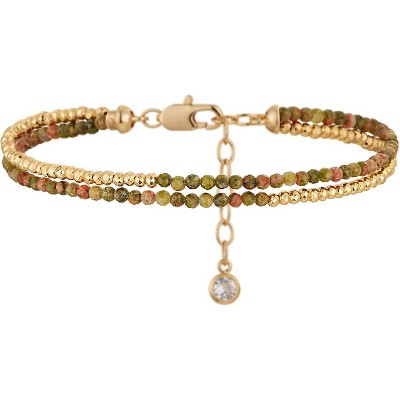 Women Beaded Bracelet Gold Double Layer Gemstone 14K Simple Dainty Handmade Chain Everyday Boho Beach Jewelry