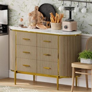 47 Inch Fluted 6 Drawer Dresser, Mid Century Wood Chest w Faux Marble Top  Curved Gold Handles For Bedroom Living Room - Natural Oak : Target