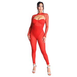 Slickblue Women's Mesh Detail Crop Jumpsuit, Stretchy One Piece Set for Night Out, Red or Black, Size S-L - 1 of 4