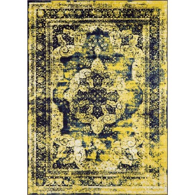 Navy Blue and Yellow Synthetic Low Pile Area Rug