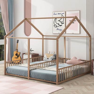 NicBex Twin Size Platform Bed Modern House-Shaped Metal Bed Frame with 2 Beds Side by Side and Guardrails for Bedroom, No Box Spring Required