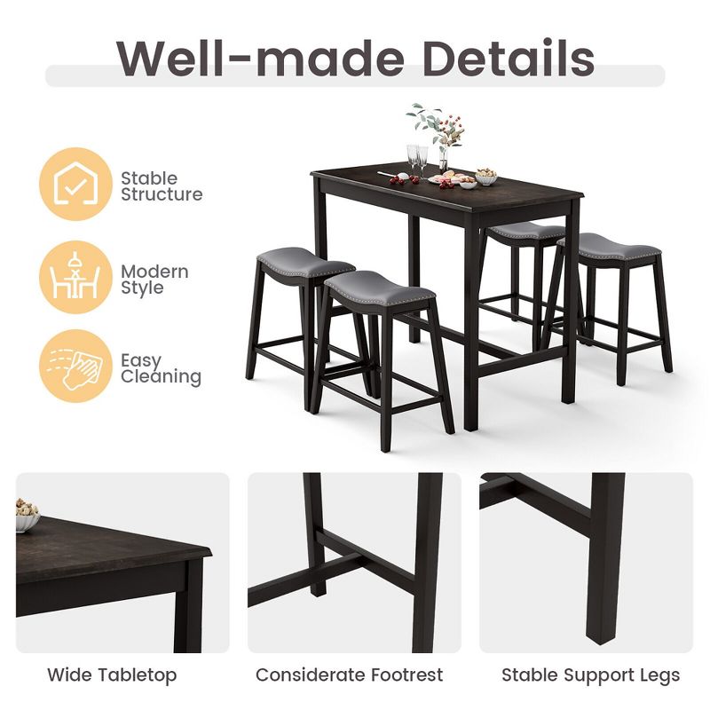 Tangkula 5PCS Bar Table Set Counter Height Table & Upholstered Saddle Stools Set for 4, 5 of 11