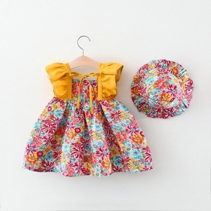 MyKids-USA Baby Girl Flower Pattern Butterfly Sleeve Design Cute Dress With Hat - 1 of 4