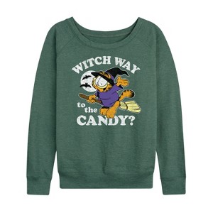 Women's - Garfield - Witch Way To The Candy Lightweight French Terry Wide Neck Long Sleeve Shirt - 1 of 4