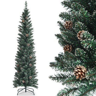 Tangkula 6FT Slim Pencil Tree Snowy Artificial Christmas Tree with 267 PVC Branch Tips & 31 Pine Cones Full Holiday Decoration Tree for Xmas