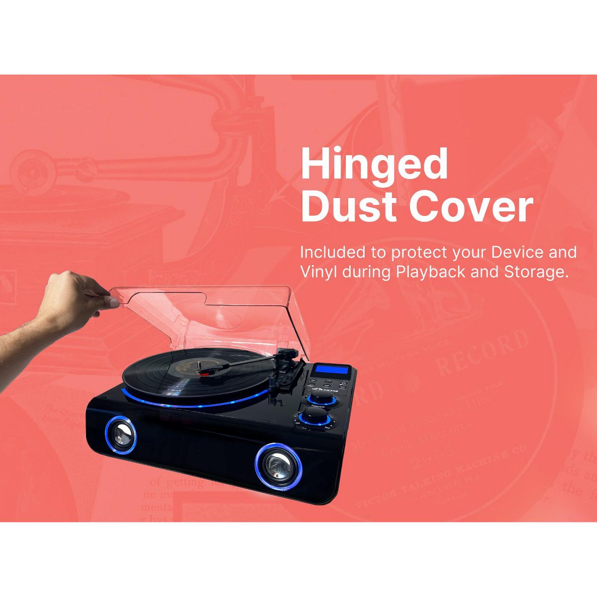VICTOR Beacon 5-in-1 Turntable System with 3-Speed Record Player, FM Radio, Dual Bluetooth In & Out, Built-in Stereo Speakers, and Blue LED Accent - thumbnail 8