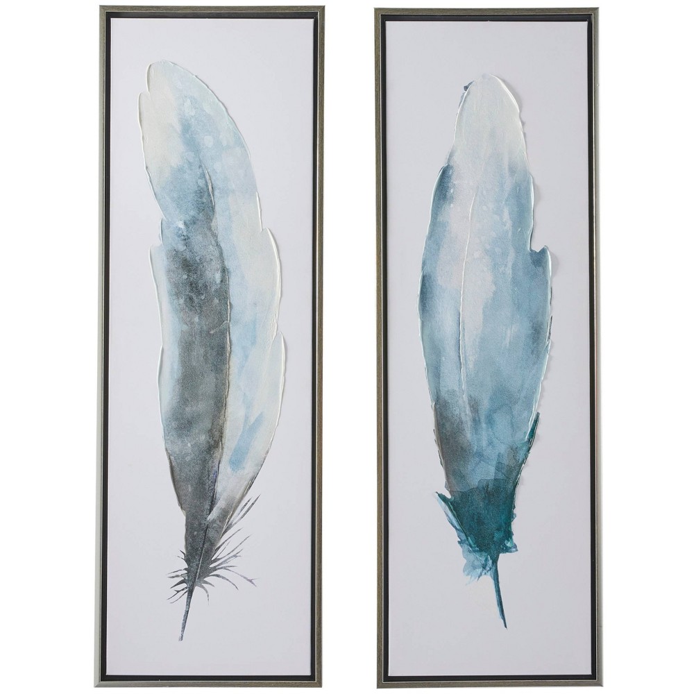 Photos - Wallpaper Set of 2 Canvas Bird Feathers Framed Wall Arts with Silver Frames Blue - O