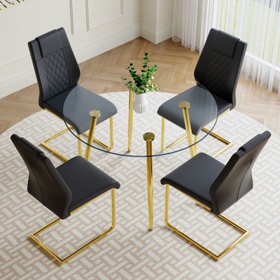 NicBex Dining Table Set for 4 Kitchen Table Round Clear Glass Dining Table Metal Table Legs 4 PU Comfort Dining Chairs