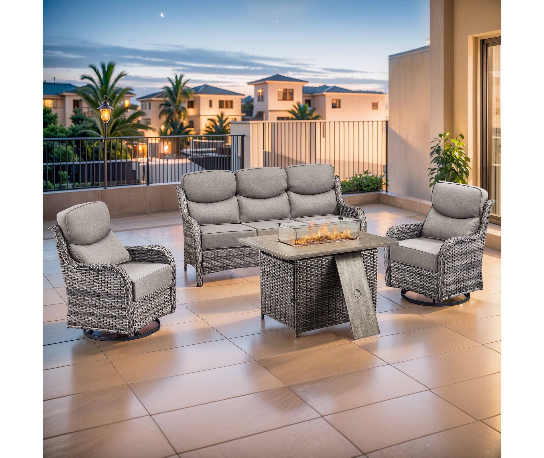 Gymojoy 4 Pieces Outdoor 6 Inch Sofa Swivel Chair with Fire Pit Table