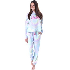 Mattel Barbie Doll Logo Tie Dye Womens' Pajama Cropped Hooded Jogger Set Mulitcolor - 1 of 4