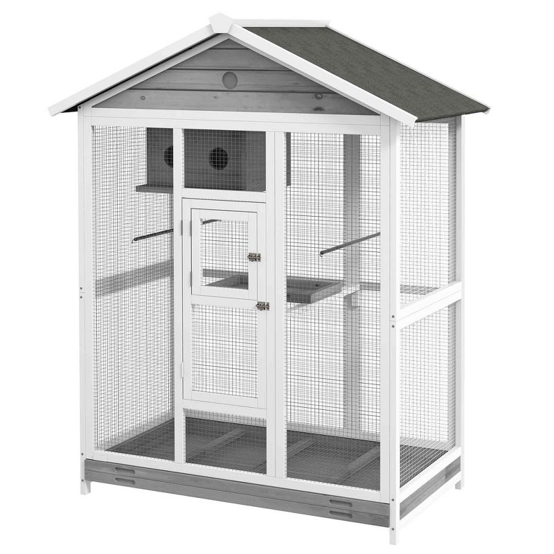PawHut 64.5" Wooden Bird Cage Aviary, Flight Cage with 4 Perches, Nest and Slide-Out Tray for Indoor/Outdoor, Gray, 4 of 7