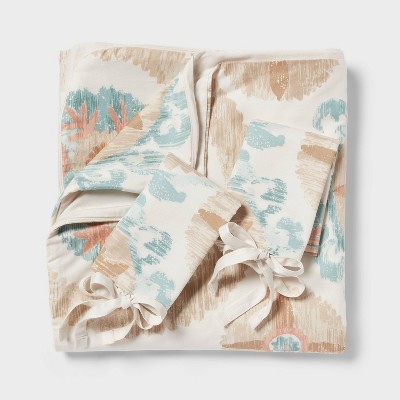 Full/Queen Ivory and Light Teal Cotton Suzani Print Duvet Cover Set