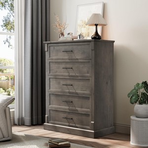 Farmhouse 5 Drawer Dresser for Bedroom, 43.3" Tall Chest of Drawers with Metal Handles, Rustic Wooden Dresser TV Stand, for Living Room, Hallway - 1 of 4