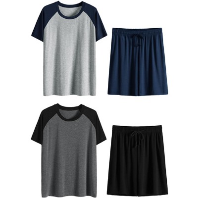 Lars Amadeus Men's Summer Solid Raglan Short Sleeve Shirt and Shorts Lounge Pajama Set 2 Pack