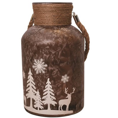 Northlight 12" Iced Winter Scene Christmas Pillar Candle Holder Lantern with Handle - Brown