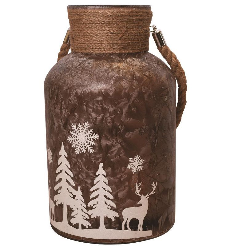 Northlight 12" Iced Winter Scene Christmas Pillar Candle Holder Lantern with Handle - Brown, 1 of 4