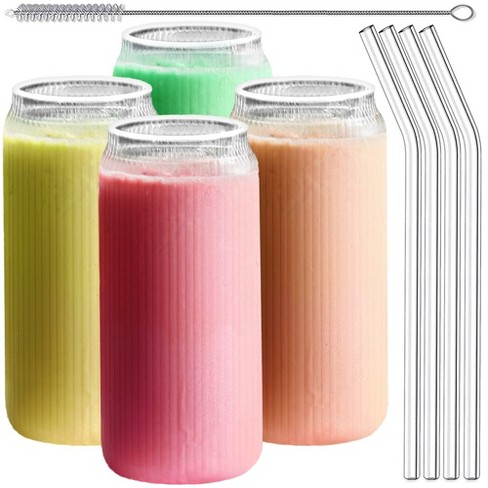 Drinking Glasses with Glass Straw 4pcs Set - 16oz Can Shaped Glass
