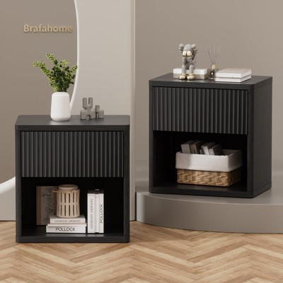 Brafabhome Accent Fluted Nightstand Set of 2 with Drawers, Modern Bedside Table with Hidden Drawer and Open Storage Shelf for Bedroom Living Room
