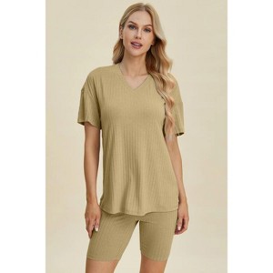 I am a Fashion Junky Basic Bae Full Size Ribbed V-Neck Short Sleeve Top and Shorts Set - 1 of 4