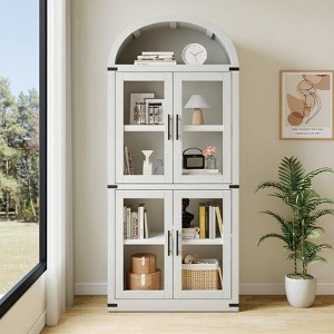 Arched Bookshelf with Doors, 71.4" Tall Farmhouse Bookcase, 15.8" Deep Wooden Display Cabinet with Storage Shelves - 1 of 4