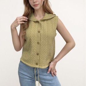 Anna-Kaci Women's Hooded Knit Button Down Vest with Drawstring Hem and Textured Cable Pattern - 1 of 3