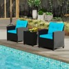 Tangkula 3 Piece Patio Furniture Set Rattan Conversation Set w/Soft Seat & Back Cushions Tempered Glass Topped Coffee Table Turquoise - 2 of 4