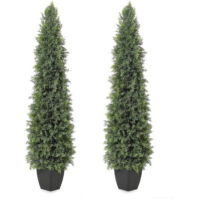 2 Pack Artificial Cedar Topiary Trees, 3ft/ 4ft/ 5ft UV Protection Bushes, Maintenance Free Cedar Plants for Front Door Decor, Outdoor& Indoor Decor