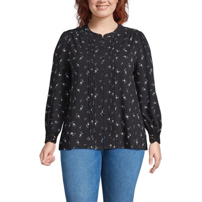 Lands' End Women's Lightweight Jersey Long Sleeve Button Front Pintuck Top