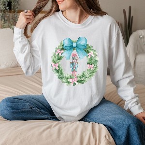 Simply Sage Market Women's Nutcracker Wreath Coquette Long Sleeve Garment Dyed Tee - 1 of 2