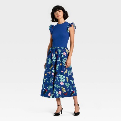 Latino Heritage Month Women's Ruffle Sleeve Midi A-Line Dress - Dark Blue Floral