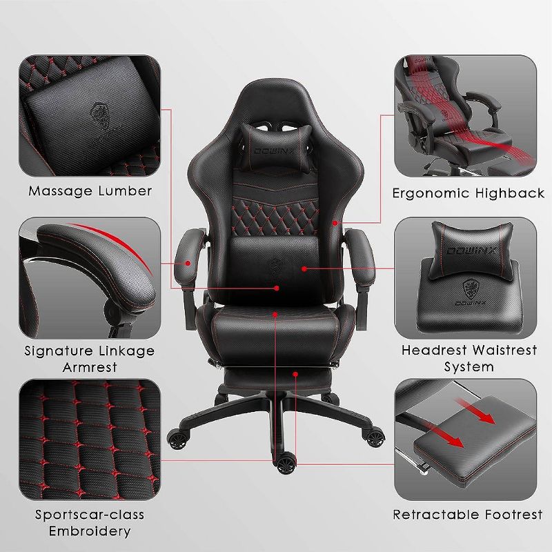 Adjustable Gaming Chair with Massage Lumbar Support and Retractable Footrest - Dowinx, 6 of 9