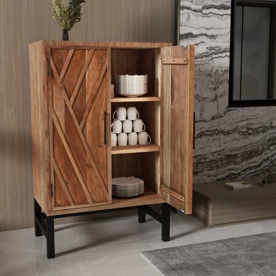 Royal Hampton 30 Inch Storage Cabinet with Black Iron Legs, Handcrafted Acacia Wood Construction