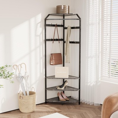 Corner Hall Tree With Shoe Bench Entryway, Corner Coat Rack With 6 Double Hooks, Corner Clothes Rack With Corner Tree With Shoe Bench Shelf