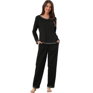 cheibear Women's Long Sleeve Shirt and Long Pants with Pocket Loungewear 2 Pieces Sleep Sets - 1 of 4