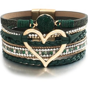 Leather Wrap Bracelet with Heart-Shape Decor & Crystal Beads, Bohemian Cuff Bangle for Women & Girls - 1 of 4