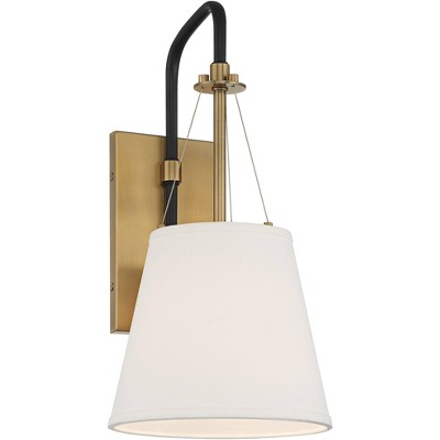 Crysta Mid-Century Brass & Black Wall Sconce with White Linen Shade