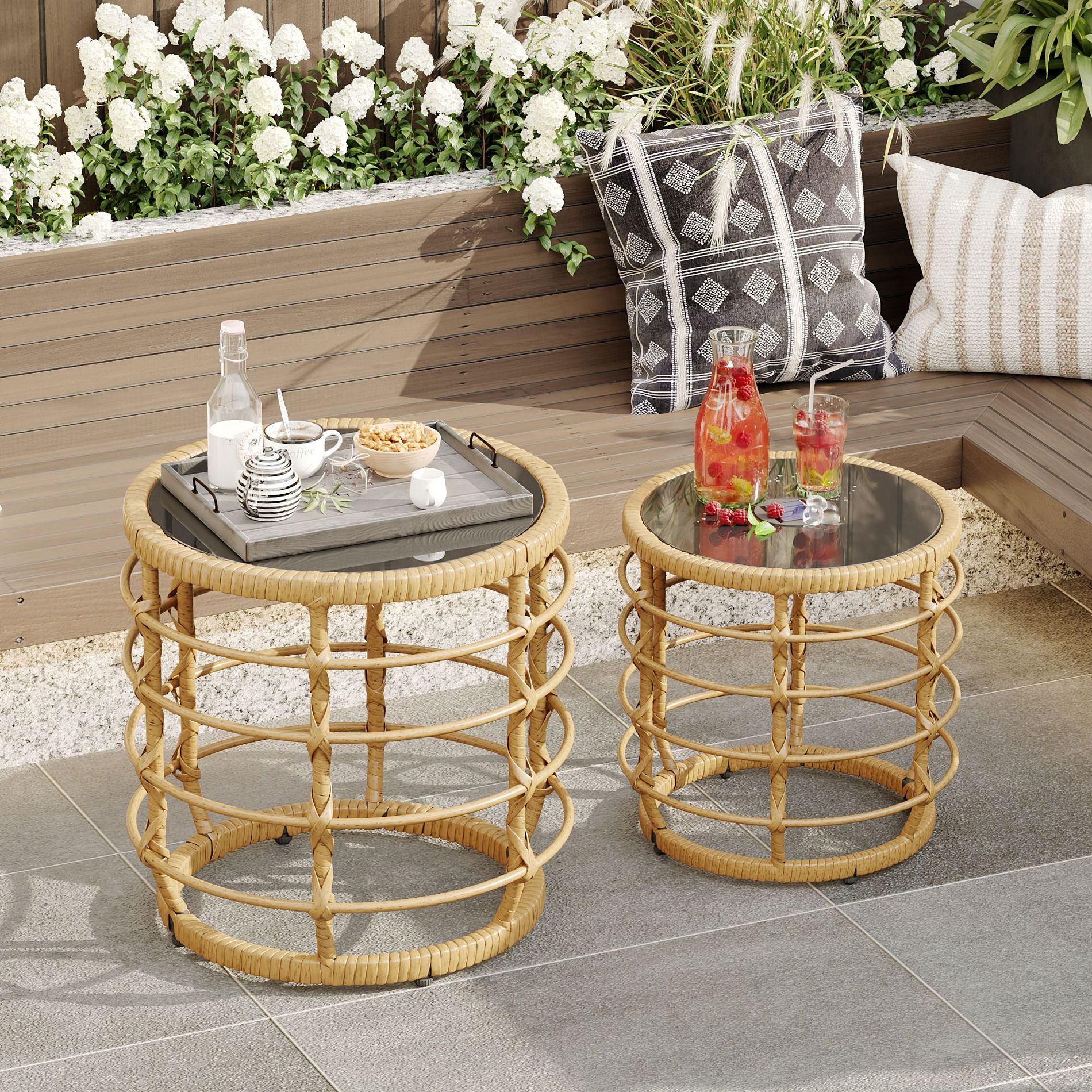 Famapy Outdoor Rattan-Style Side Tables Coffee Table: Hand-Woven Weather-Resistant, Tempered Glass Top – No Assembly Required for Patio & Garden