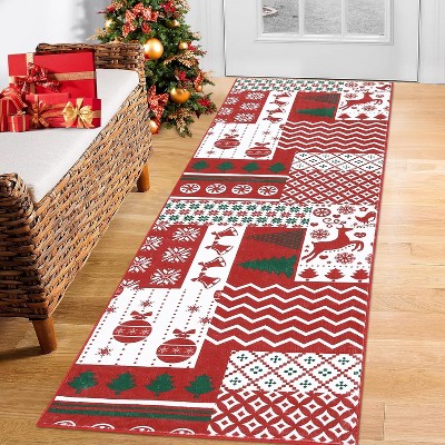 Red Christmas Rubber Backing Striped Printed Runner Rugs for Living Room Washable Low Pile Foldable Non-Shedding Kitchen Mats Christmas 2x6ft