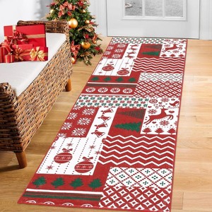 Red Christmas Rubber Backing Striped Printed Runner Rugs for Living Room Washable Low Pile Foldable Non-Shedding Kitchen Mats Christmas 2x6ft - 1 of 4