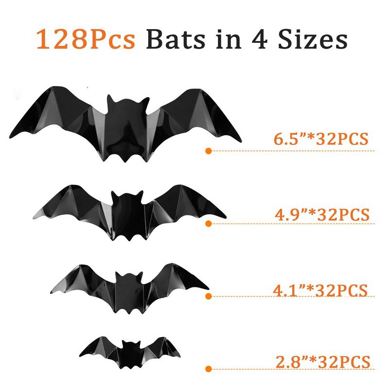 128 Pcs Bats Sticker Halloween Party Supplies Decorations, 4 Sizes Realistic 3D Bats Wall Decor, 3 of 5