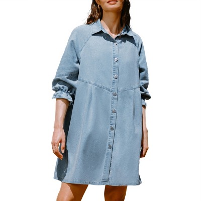 Women's Light Blue Denim Collared Button Up Mini Shirt Dress - Cupshe
